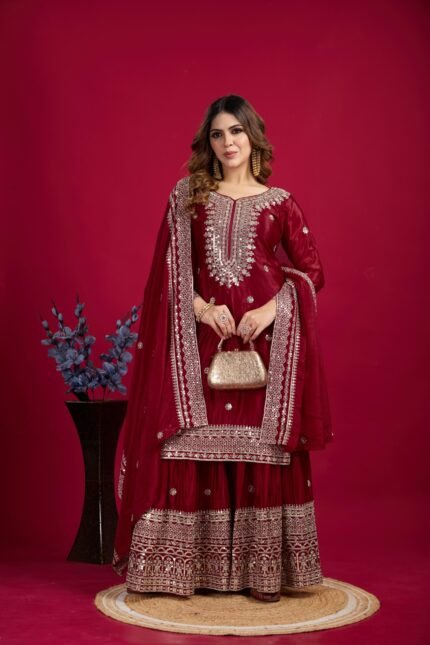 Pure Heavy Chinnon Silk With Embroidery And 5mm Sequence Work With Full Sleeves